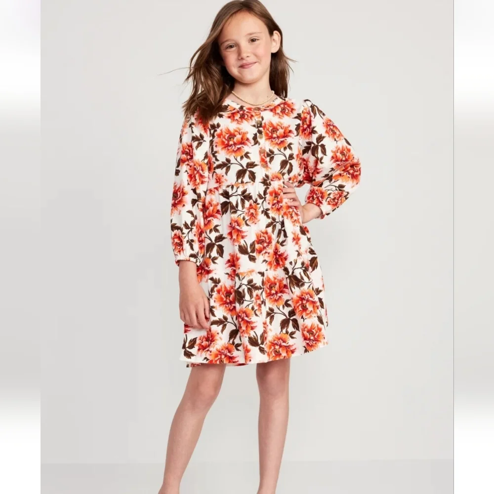 Old Navy Girls Orange Floral Longsleeve Swing Dress Size Large 10-12